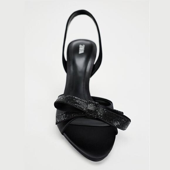ZARA Embellished Slingback Bow Heels NWT — Size 8 Black Satin - Picture 6 of 16